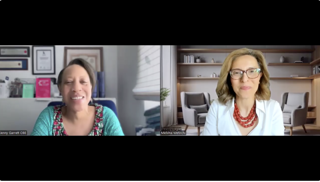 Jenny Garrett OBE in conversation with Melvina Metochi on the Leading Thought series, shown side by side on a video call